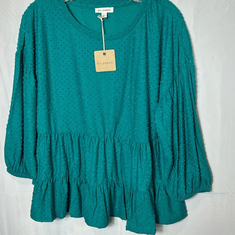 Blu Pepper Teal Swiss Dot Top Size Large Stretchy Tiered